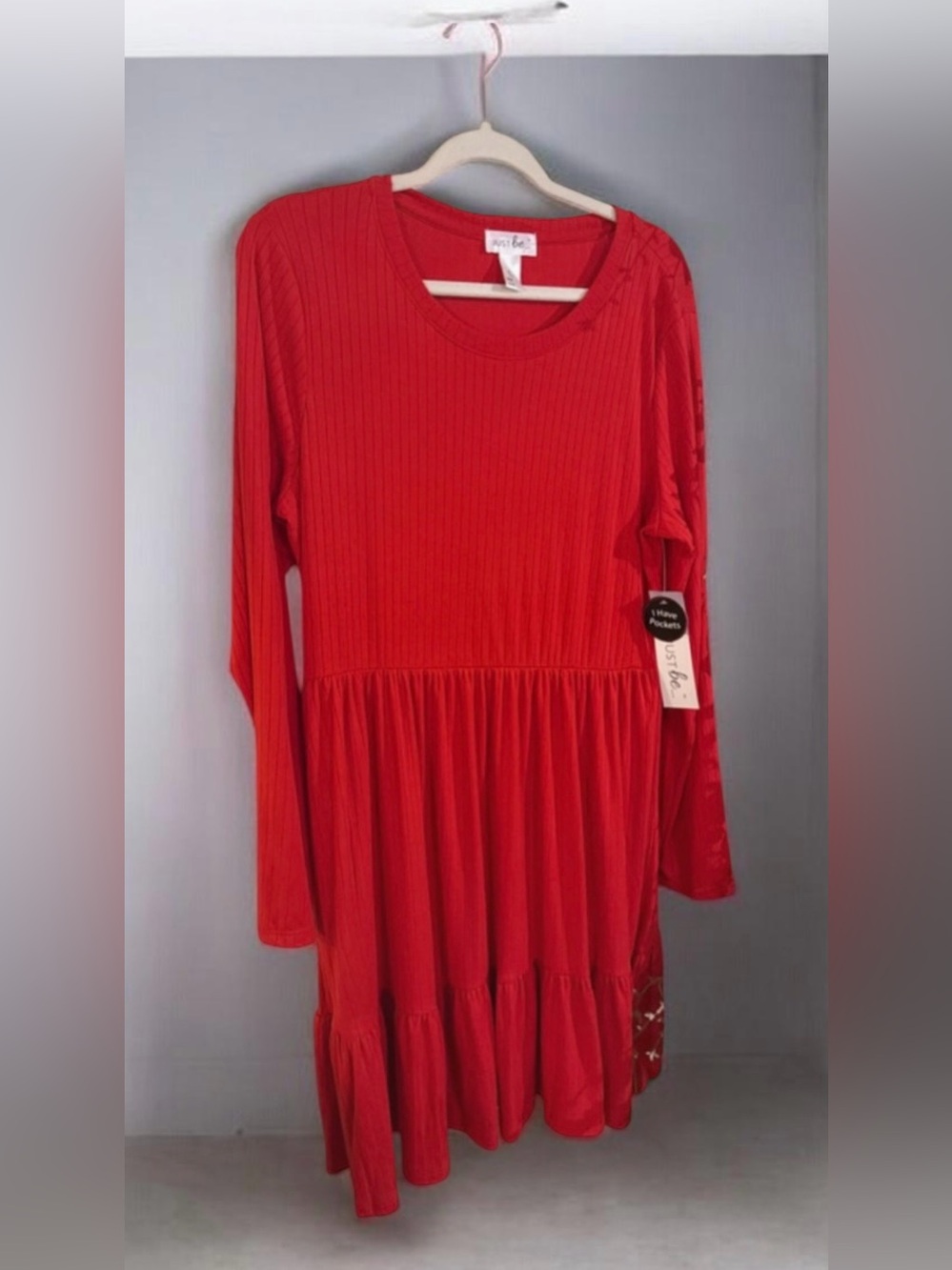just be Red Long-Sleeve Tiered Knit Dress